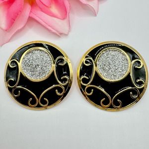 Vintage Black Enamel Gold Tone Scrolls Silver Tone Glitter Disc Earrings Retro